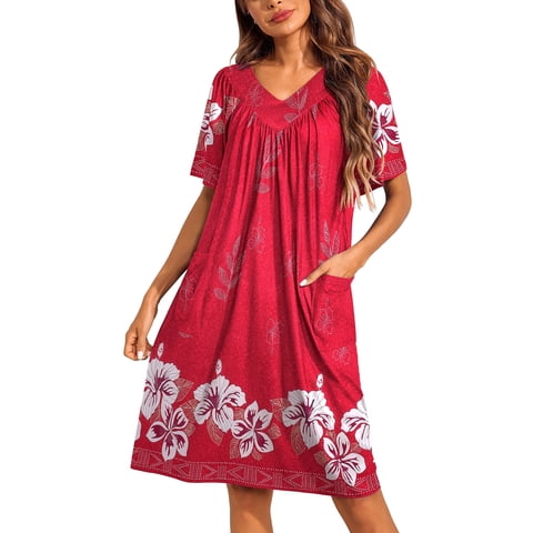 Oudiya Womens Mumus House Dress Floral Print Short Sleeve Nightgowns Moomoo Dresses with Pockets