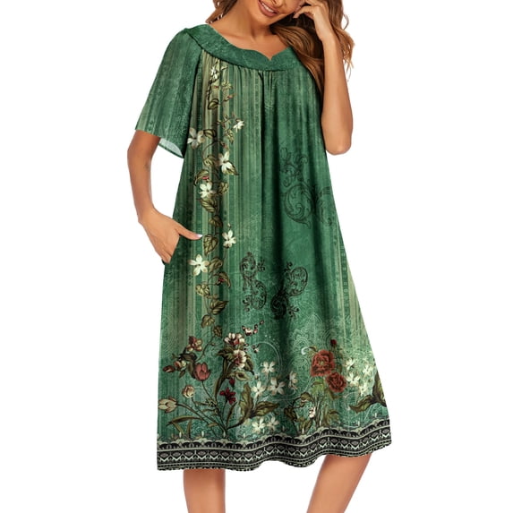 Oudiya Womens Nightgown Short Sleeve House Dress with Pockets-Floral Print Mumu Dress