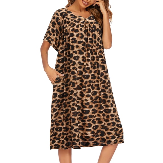 Oudiya Womens Nightgown Short Sleeve House Dress with Pockets Leopard Print Mumu ,S-4XL