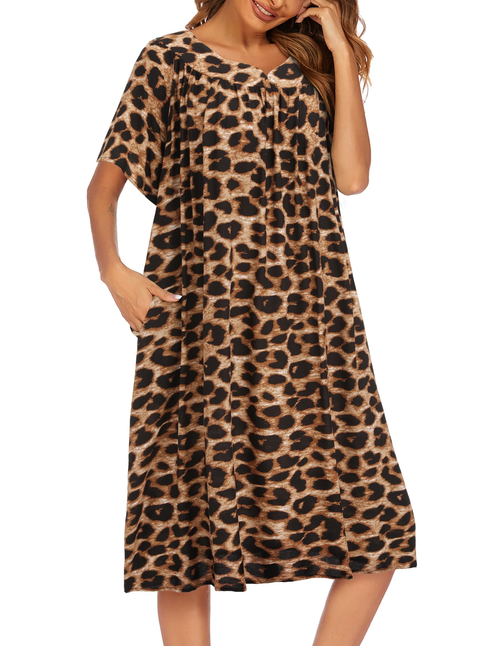 Oudiya Womens Nightgown Short Sleeve House Dress with Pockets Leopard Print Mumu ,S-4XL