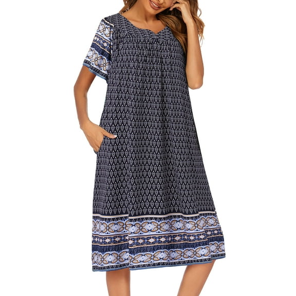Oudiya Womens Nightgown Short Sleeve House Dress with Pockets-Floral Print Mumu Dress
