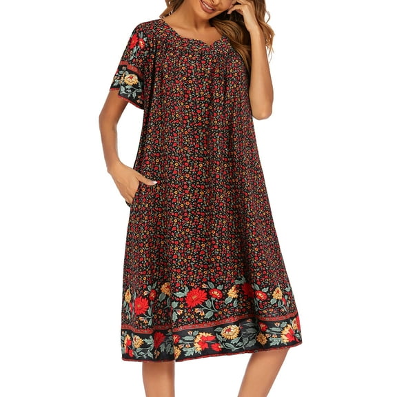 Oudiya Womens Nightgown Short Sleeve House Dress with Pockets-Floral Print Mumu Dress