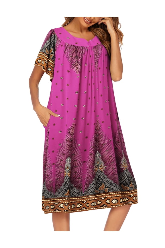 Womens Nightgown Short Sleeve House Dress with Pockets-Floral Print Mumu Dress