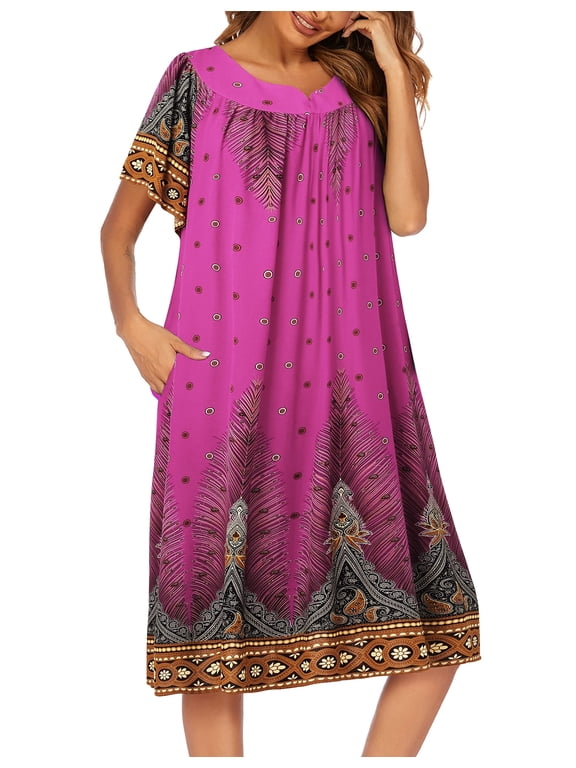 Womens Nightgown Short Sleeve House Dress with Pockets-Floral Print Mumu Dress