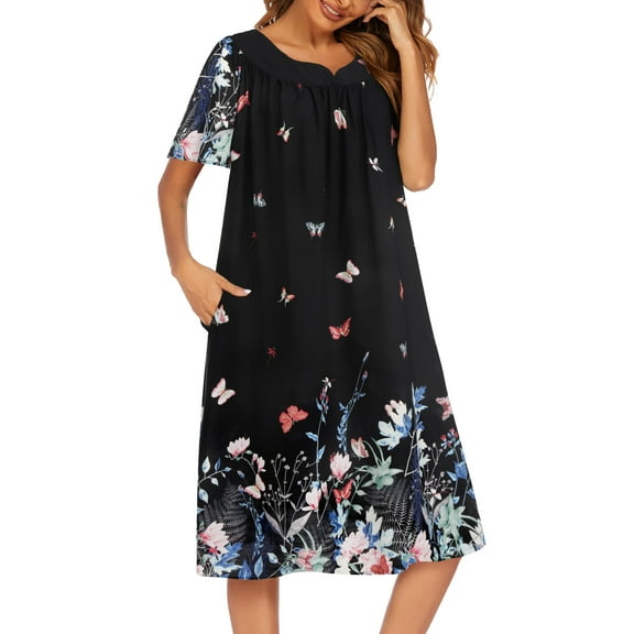 Oudiya Womens Nightgown Short Sleeve House Dress with Pockets-Floral Print Mumu Dress
