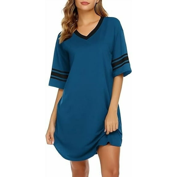 Oudiya Womens Short Sleeve Nightgown Cotton Sleepwear V Neck Sleep Shirt Color Block Nightshirt, S-XXL