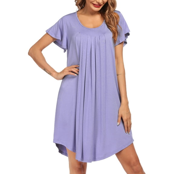 Oudiya Womens Nightgown Soft Pleated Sleepshirt Short Sleeve House Mumu Dress, S-3XL