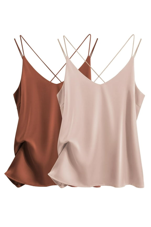 Womens Silk Satin Camisole Tank Tops V Neck Spaghetti Strap Blouses Cross Back Sleeveless Cami Shirt