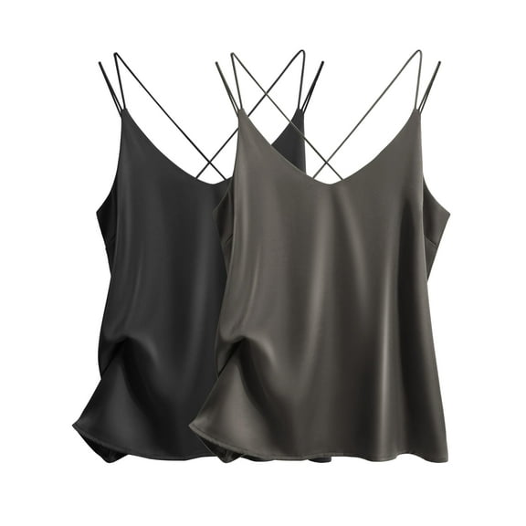Oudiya Womens Silk Satin Camisole Tank Tops V Neck Spaghetti Strap Blouses Cross Back Sleeveless Cami Shirt