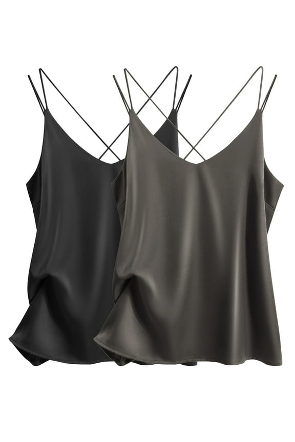 Womens Silk Satin Camisole Tank Tops V Neck Spaghetti Strap Blouses Cross Back Sleeveless Cami Shirt