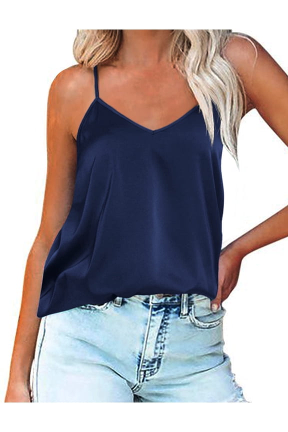 Womens Silk Satin Tank Tops V Neck Camisole Spaghetti Strap Top Summer Basic Blouse