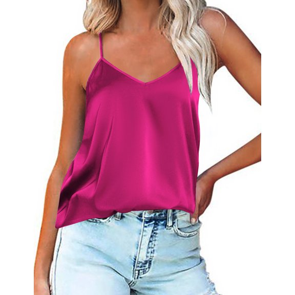 Oudiya Womens Silk Satin Tank Tops V Neck Camisole Spaghetti Strap Top Summer Basic Blouse