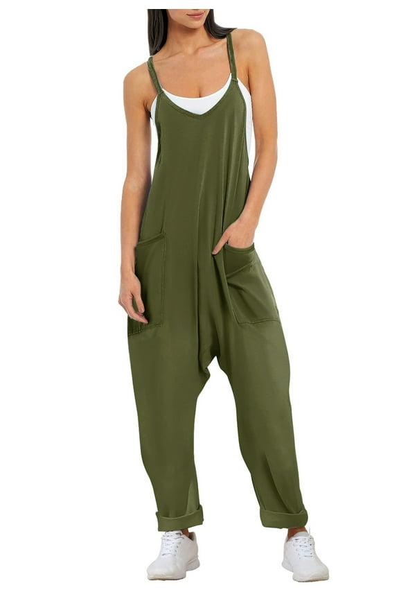 Womens Sleeveless Jumpsuit Loose Spaghetti Strap Baggy Overalls Jumpers Casual Long Pants Rompers with Pockets 2025