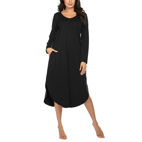 Oudiya Womens V Neck Nightgown House Dresses Long Sleeve Nightshirts Sleepwear with Pockets, S-XXL