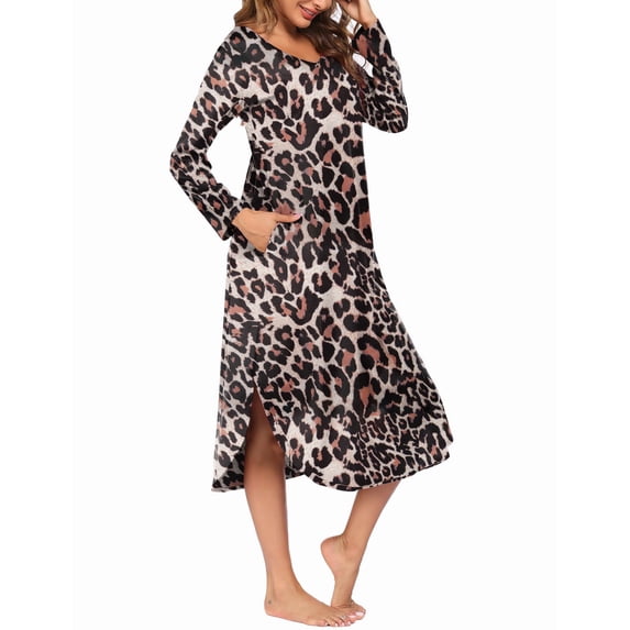 Oudiya Womens V Neck Nightgown House Dresses Long Sleeve Nightshirts Sleepwear with Pockets, S-XXL