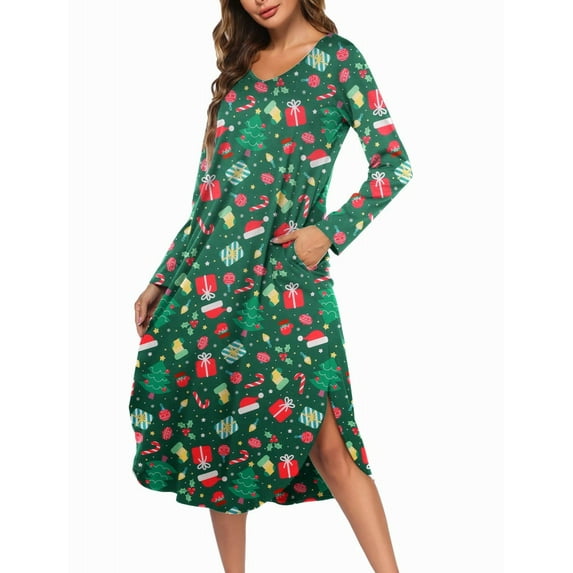 Oudiya Womens V Neck Nightgown House Dresses Long Sleeve Nightshirts Sleepwear with Pockets, S-XXL