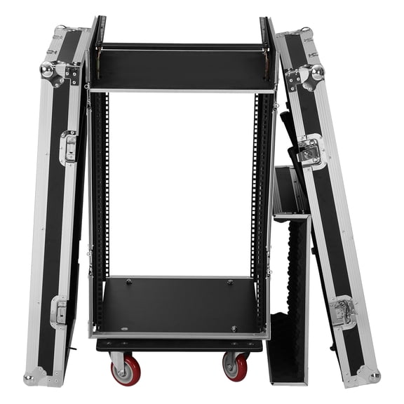 Oudjel 16U PA Audio Rack/Road Case with 2U Drawer Slant Mixer Top Two DJ Work Tables Casters Pro