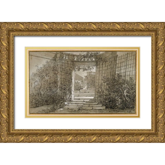 Oudry, Jean-Baptiste 14x10 Gold Ornate Wood Framed with Double Matting Museum Art Print Titled - Landscape with a Staircase and a Balustrade, ca. 1744-47