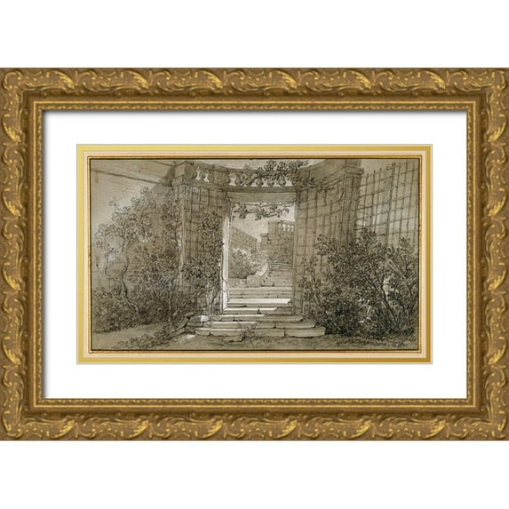 Oudry, Jean-Baptiste 32x21 Gold Ornate Wood Framed with Double Matting Museum Art Print Titled - Landscape with a Staircase and a Balustrade, ca. 1744-47