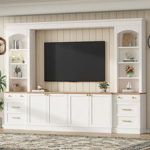 Oufan 106.3" Entertainment Center Wall Unit for TVs Up to 70", Farmhouse Arched Large TV Stand with 2 Drawers & 6 Doors, Multi-Functional Media Console for Living Room
