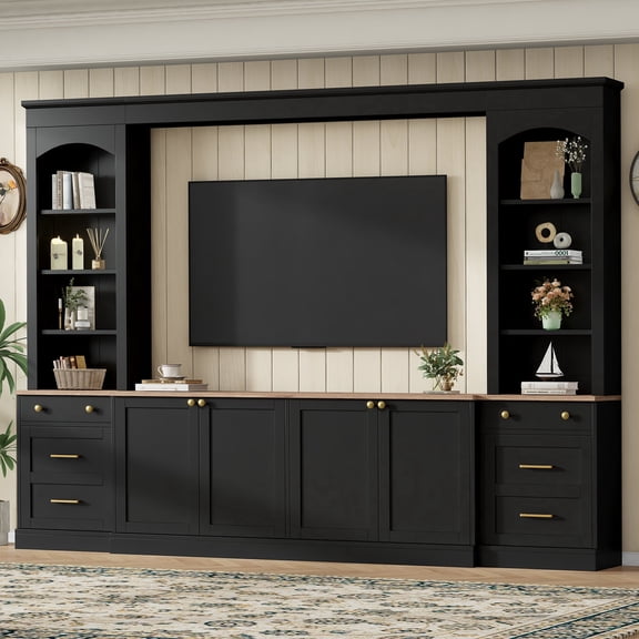 Oufan 106.3" Entertainment Center Wall Unit for TVs Up to 70", Farmhouse Arched Large TV Stand with 2 Drawers & 6 Doors, Multi-Functional Media Console for Living Room