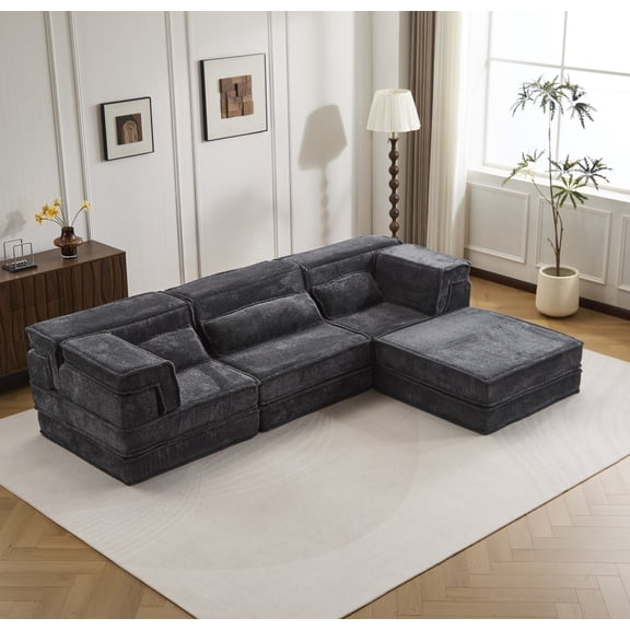 Oufan 118.11" Compression Mahjong Sofa with Footrest, 3-Seater Sofa with Deep Seat, Floor Sofa with Pillow, Boneless Modular Sofa for Living Room, Bedroom, No Assembly Required
