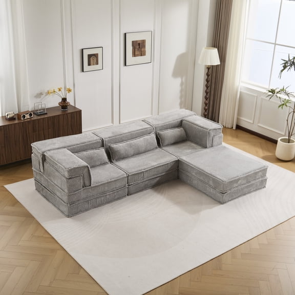 Oufan 118.11" Compression Mahjong Sofa with Footrest, 3-Seater Sofa with Deep Seat, Floor Sofa with Pillow, Boneless Modular Sofa for Living Room, Bedroom, No Assembly Required