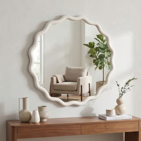 Oufan 24 Inch Decorative Mirror, Solid Wood Frame Wavy Round Mirror for Bedroom, Cloakroom, Living Room