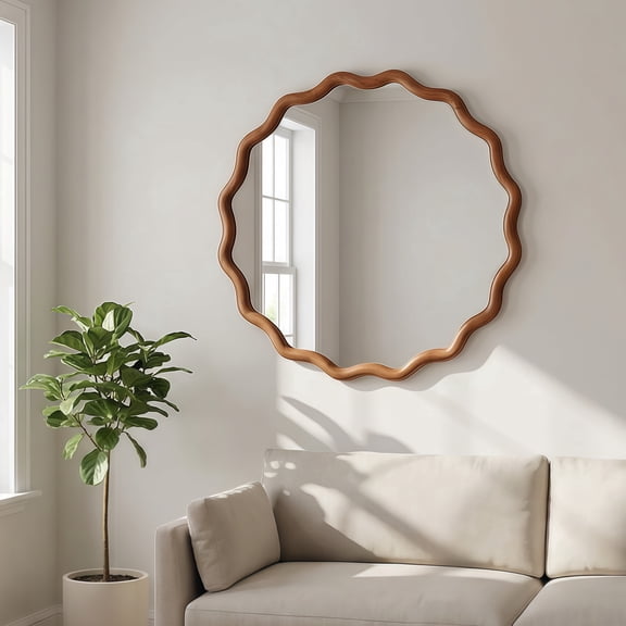 Oufan 24 Inch Decorative  Mirror, Solid Wood Frame Wavy Round Mirror  for Bedroom, Cloakroom, Living Room