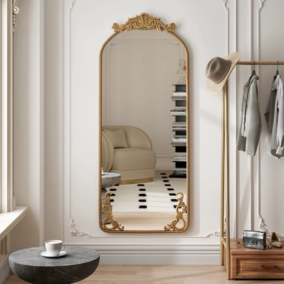 Oufan 24 X 58 Inch Arched Full Body Mirror, Iron Frame Floor Mirror with Vintage Ornate Carved Applique, Hanging Wall Mounted Mirror, Decorative Mirror for Entryway, Closet, Bedroom