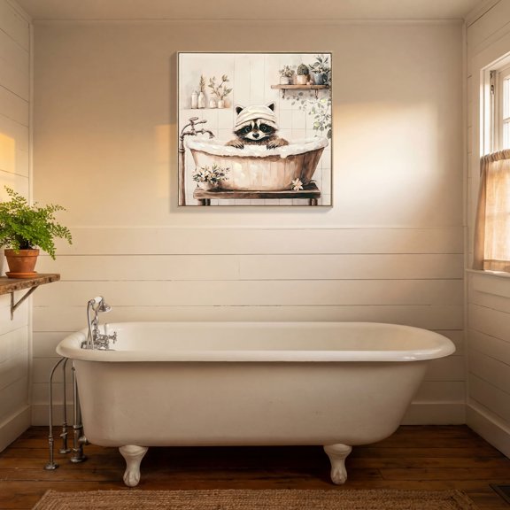 Oufan 24"x24"Raccoon Bathroom Canvas Wall Art, Raccoon in Bathtub Painting Funny Animal Bathroom Wall Art, Canvas Bathroom Wall Decor Essential for Living Room, Dining Room, Kitchen