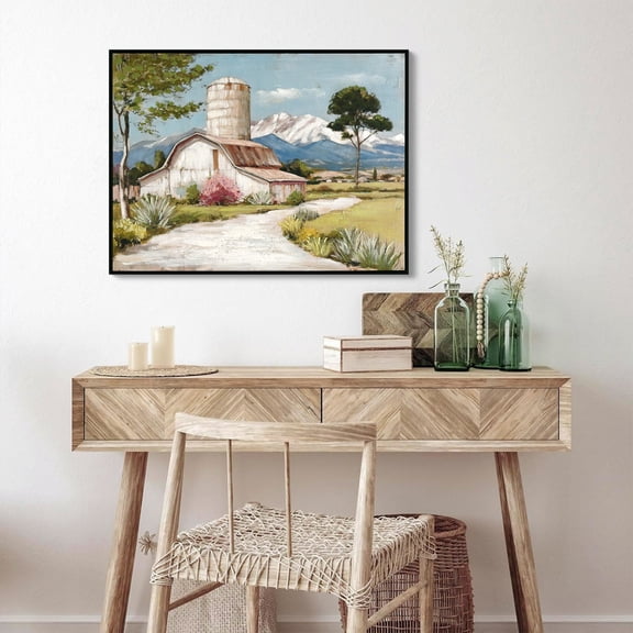 Oufan 24"x32" Horizontal Pictures Wall Decor, Beautiful Field Painting Wildflower Barn Print Wall Art, Country Field Landscape Poster Wall Art for Living Room, Bedroom, Dining Room