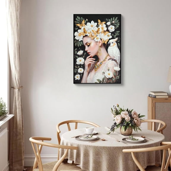 Oufan 24"x36" Vertical Pictures Wall Decor, Female Portrait Framed Wall Art Canvas, Gold and White Floral Canvas Artwork for Living Room, Bedroom