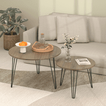 Oufan 27.56'' Round Nesting Coffee Table Set of 2, Circular Nesting End Table Set, Round Wooden Tabletop, and Sturdy Metal Base for Living Room, bedroom (Brown )