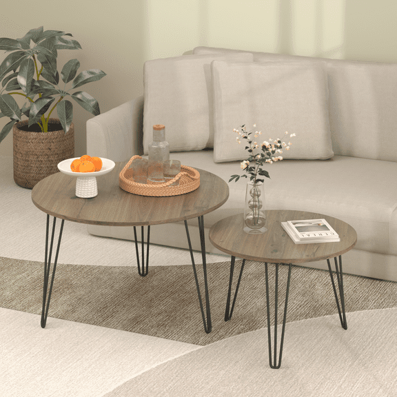 Oufan 27.56'' Round Nesting Coffee Table Set of 2, Circular Nesting End Table Set, Round Wooden Tabletop, and Sturdy Metal Base for Living Room, bedroom (Brown ）