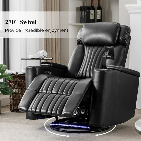Oufan 270°Power Swivel Recliner,Leather Home Theater Seating With Hidden Arm Storage and LED Light Strip,Cup Holder,360° Swivel Tray Table,and Cell Phone Holder,Soft Living Room Chair, Black