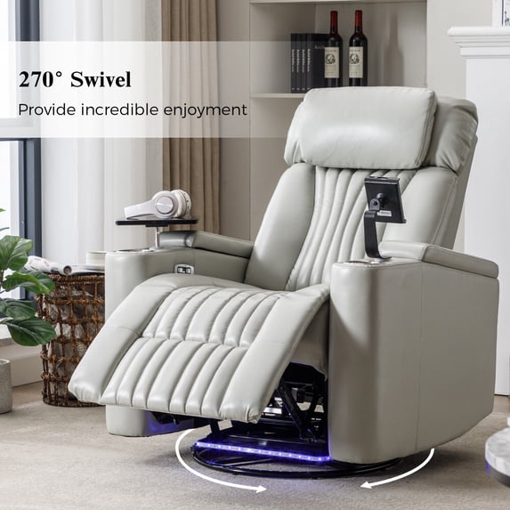 Oufan 270° Power Swivel Recliner,Leather Home Theater Seating With Hidden Arm Storage and LED Light Strip,Cup Holder,360° Swivel Tray Table,and Cell Phone Holder,Soft Living Room Chair, Gray