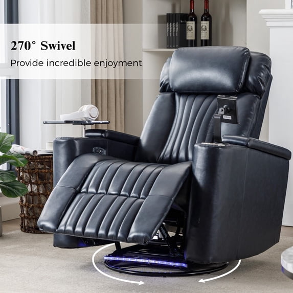 Oufan 270°Power Swivel Recliner,Leather Home Theater Seating With Hidden Arm Storage and LED Light Strip,Cup Holder,360° Swivel Tray Table,and Cell Phone Holder,Soft Living Room Chair, Blue