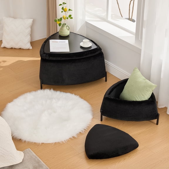 Oufan 2PCS Ottoman Bench w/ Storage, Faux Fur Footrest w/ Metal Legs&Reversible Lid, Triangle Bed Bench, Coffee Side Table, Window Bench for Bedroom