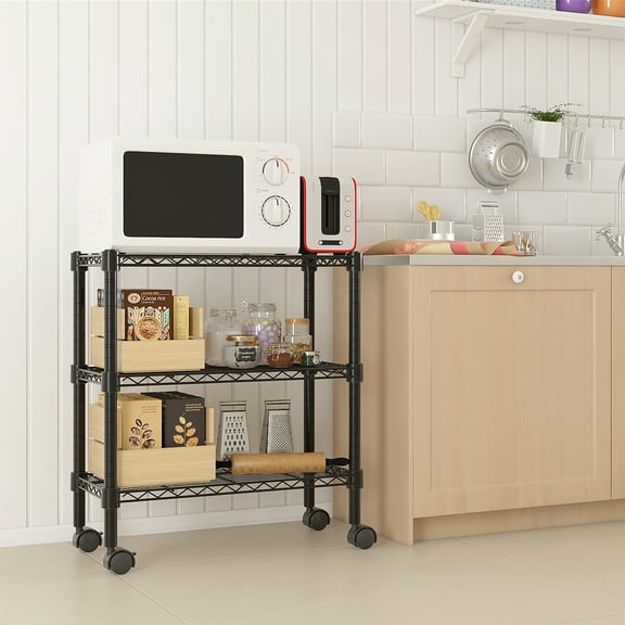 Oufan 3-Layer Plastic Coated Iron Shelf with 1.5" Plastic Wheels, Black