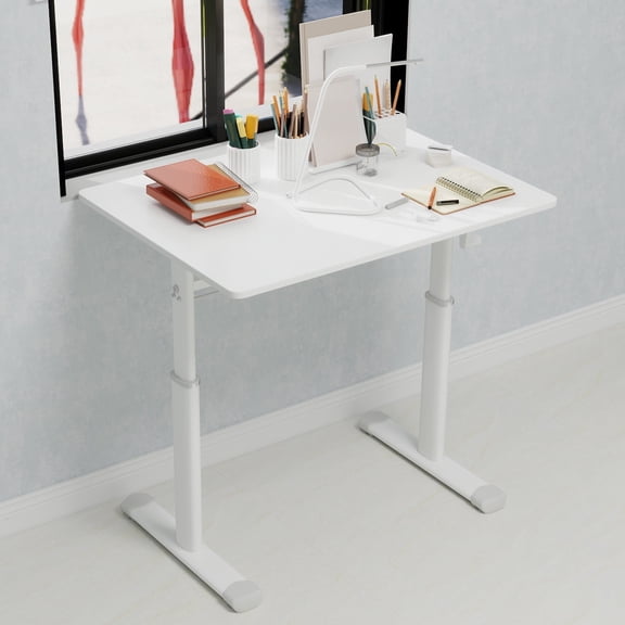Oufan 31.5" Adjustable Standing Desk, Multifunctional Office Desk with Iron Frame & Wooden Desktop, Computer Table for Home Office, Study, White