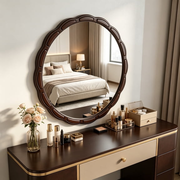 Oufan 31.5" Solid Wood Round Wall Mirror, Farmhouse Circle Decorative Mirror for Living Room, Entryway