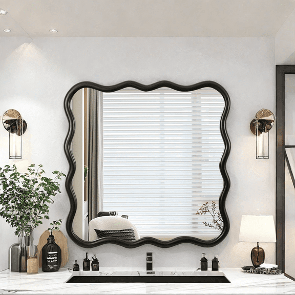 Oufan 36" Square Wall Mirror, Farmhouse Wooden Frame Decorative Mirror w/ Wavy Design, Art Decor Wall Mounted Vanity Mirror for Hallway, Entryway