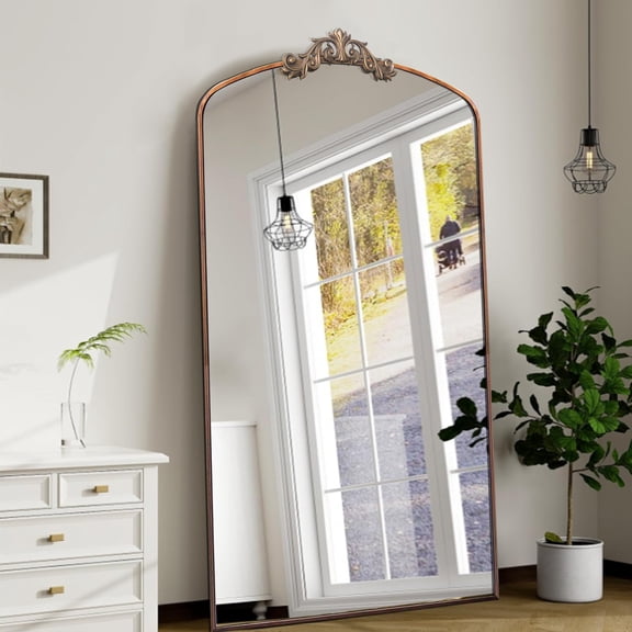 Oufan 36x66" Full Length Mirror, Ornate Metal Mirror, Arched Dressing Mirror with Carved Floral Wreath, Vintage Large Floor Mirror for Dressing Room