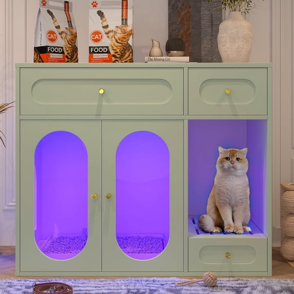 Oufan 37.4" Cat Litter Box Enclosure with LED Light, Wooden Hidden Cat Washroom Furniture with 2 Acrylic Doors & 2 Storage Drawers, Cat House Nightstandfor Living Room, Green