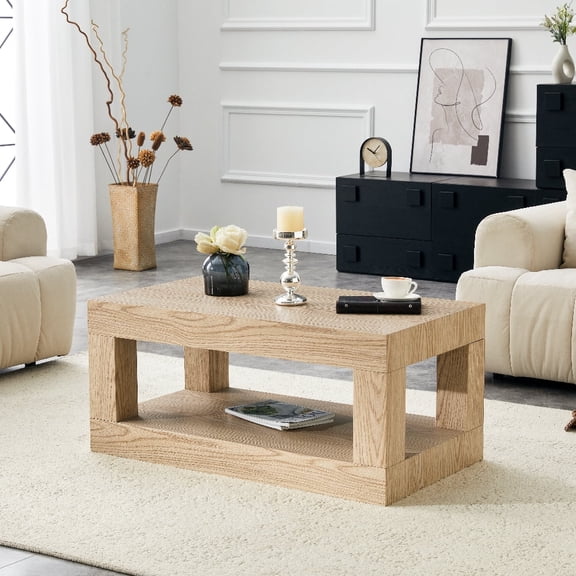 Oufan 39.5" Modern Coffee Table, Wooden Simple Rectangular Center Table with Open Storage Shelf, 2-Tier Cocktail Table with Living Room