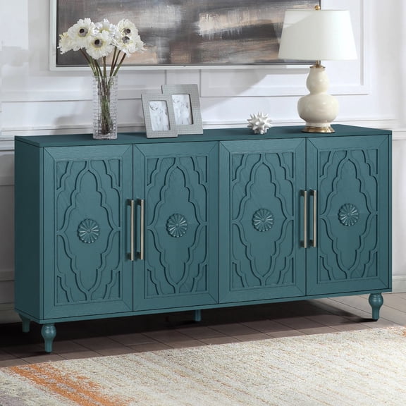 Oufan 4 Carved Flower Doors Sideboard Cabinet with Metal Handles & Adjustable Shelf, Boho Buffet Cabinet for Dining Room, 15.75X32X62.99 Inch, Blue