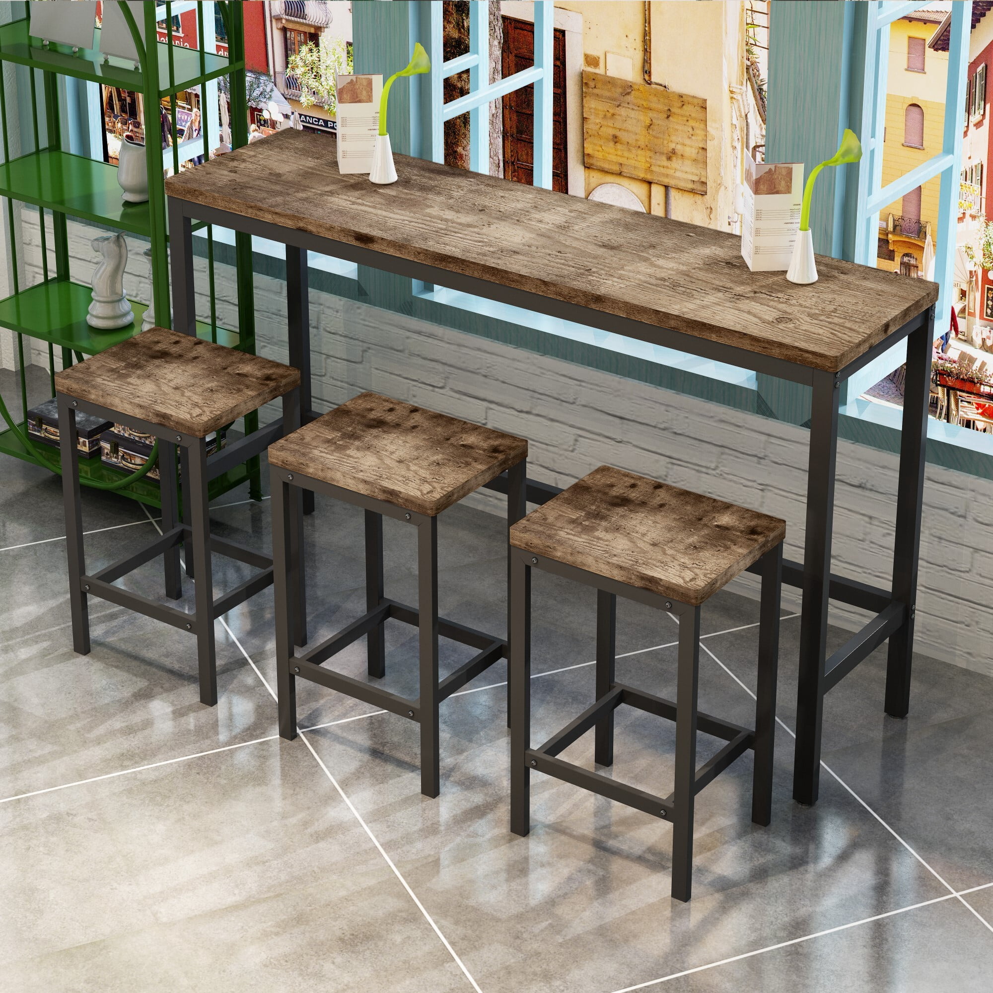 Oufan 4-Piece Counter Height Extra Long Dining Table Set with 3 Stools ...