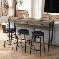 Oufan 4 Piece Kitchen Bar Table Set with Circular PU Stools for 3 Solid Wood Dining Set with Power Outlets and Drawers for Saving Space, Gray