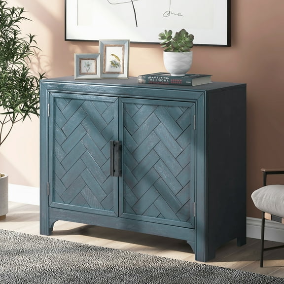 Oufan 40" Farmhouse 2-Doors Storage Sideboard Buffet Cabinet w/Adjustable Shelves & Pattern Door, Decorative Coffee Accent Cabinet Console Table for Entryway Kitchen Dining, Antique Blue